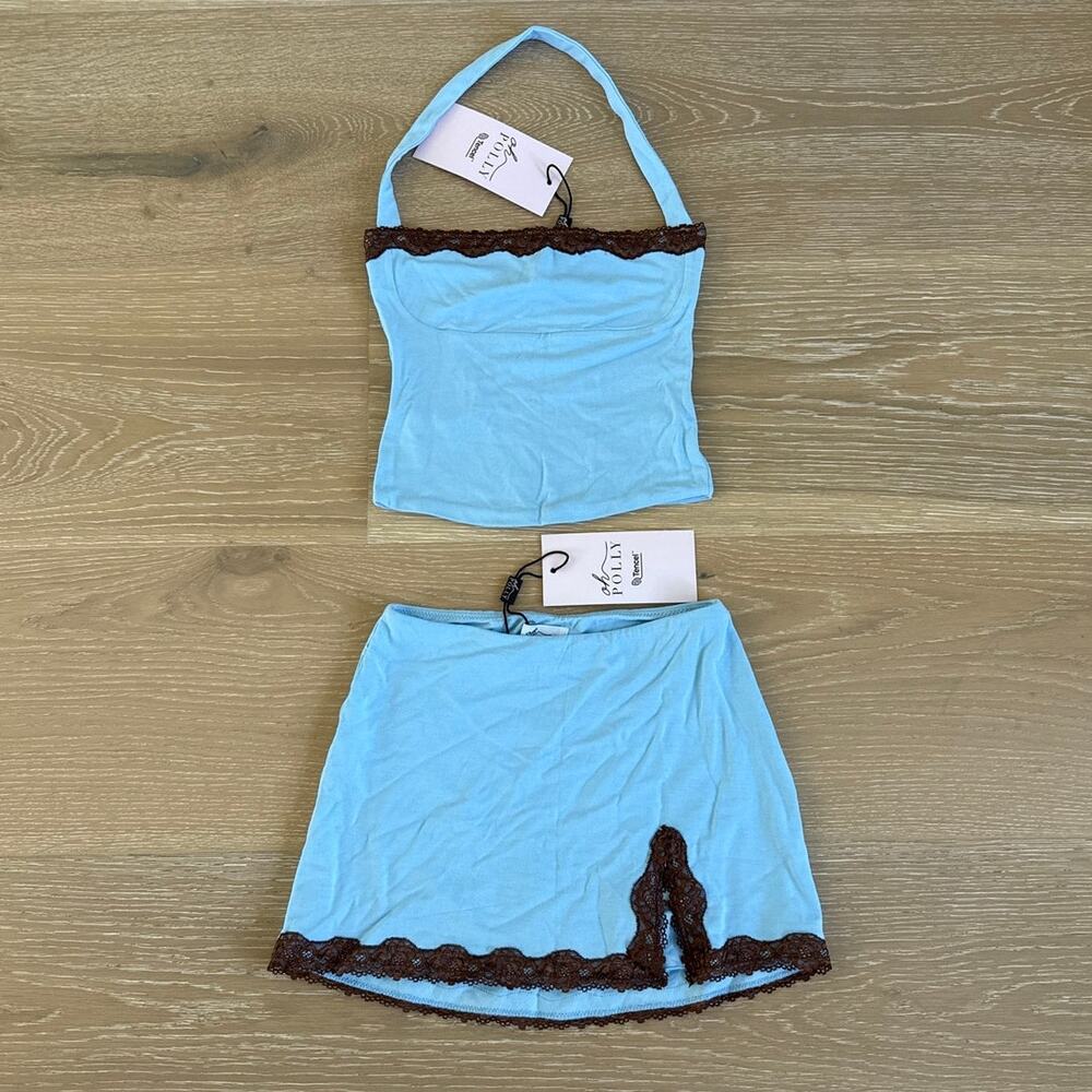 Oh Polly Waverly Model Lace Trim Low Rise Mini Skirt & Top Size XS Arctic Blue